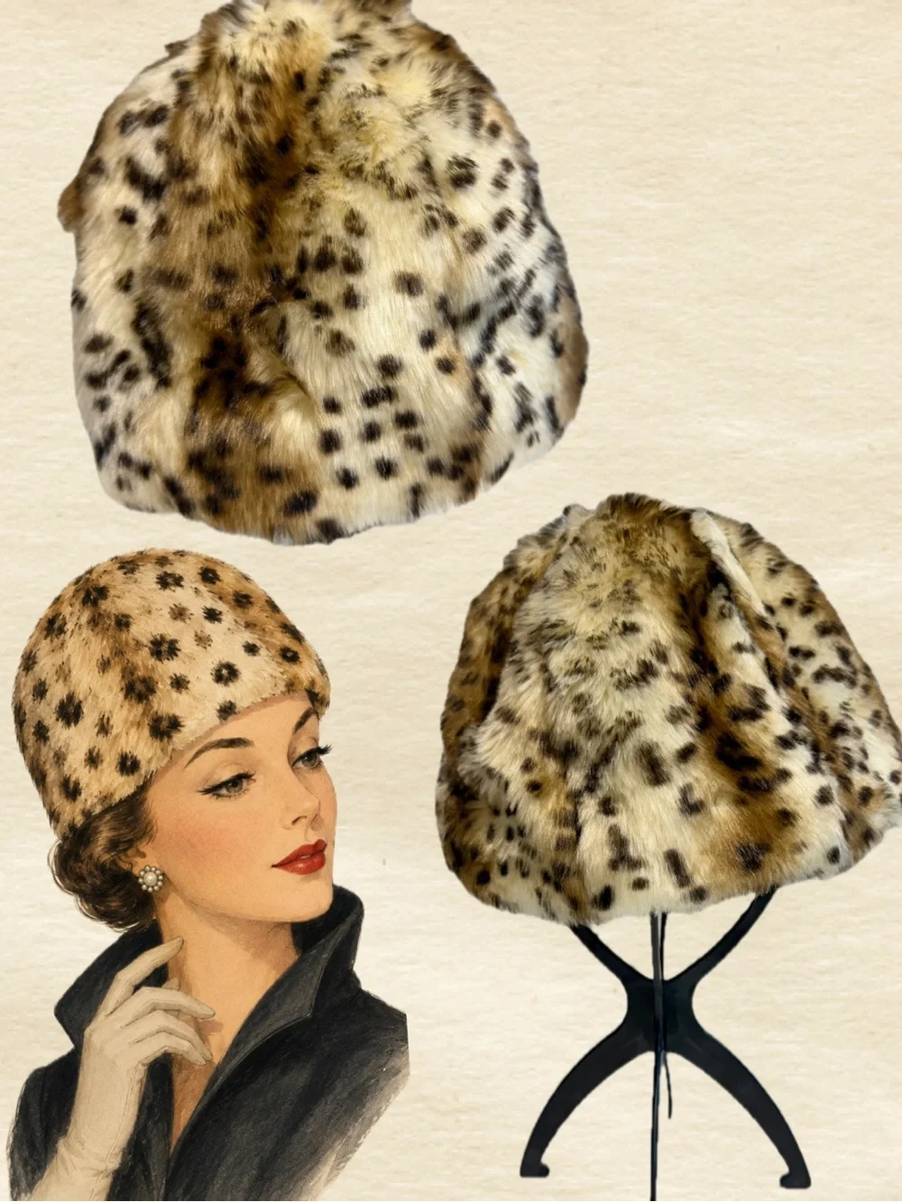 Leopard cheetah fur hat cloche skull cap satin lined glamorous city chic retro